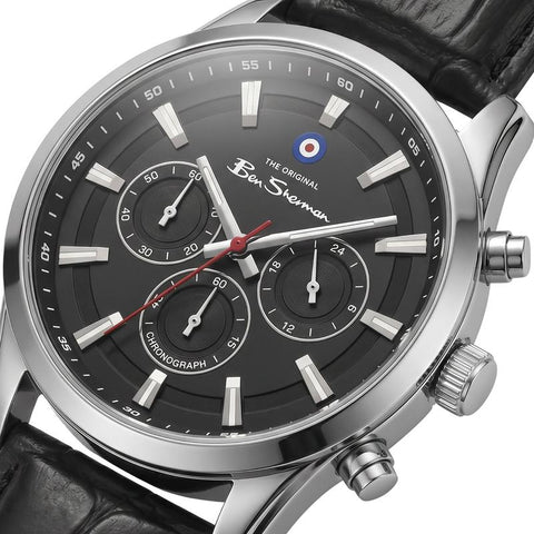 The Watch Boutique Ben Sherman Men's Black Chronograph Watch with Black Leather Strap