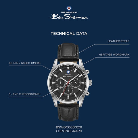 The Watch Boutique Ben Sherman Men's Black Chronograph Watch with Black Leather Strap