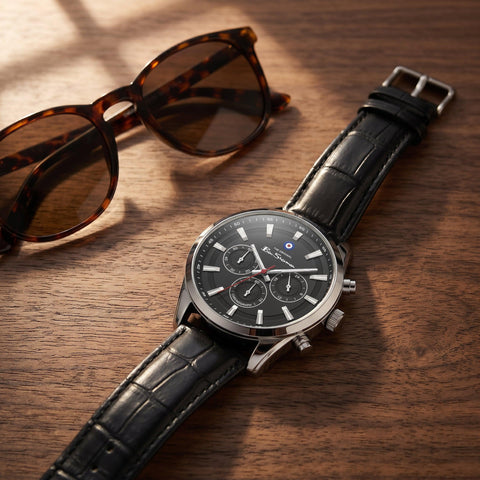 The Watch Boutique Ben Sherman Men's Black Chronograph Watch with Black Leather Strap