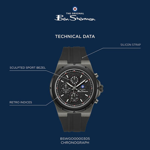 The Watch Boutique Ben Sherman Men's Black Chronograph Watch with Black Silicone Strap