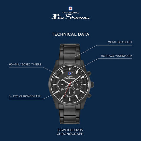The Watch Boutique Ben Sherman Men's Black Chronograph Watch with Black Stainless Steel Bracelet