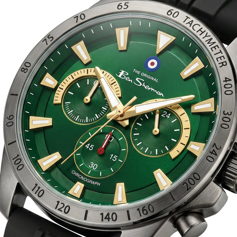 The Watch Boutique Ben Sherman Men’s Black Chronograph Watch with Green Dial and Silicone Strap
