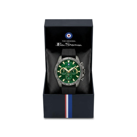 The Watch Boutique Ben Sherman Men’s Black Chronograph Watch with Green Dial and Silicone Strap