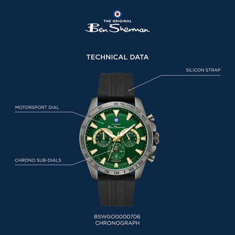 The Watch Boutique Ben Sherman Men’s Black Chronograph Watch with Green Dial and Silicone Strap