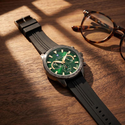 The Watch Boutique Ben Sherman Men’s Black Chronograph Watch with Green Dial and Silicone Strap