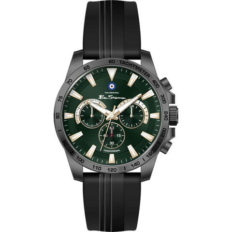 The Watch Boutique Ben Sherman Men’s Black Chronograph Watch with Green Dial and Silicone Strap