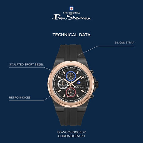 The Watch Boutique Ben Sherman Men's Black & Rose Gold Chronograph Watch with Black Silicone Strap