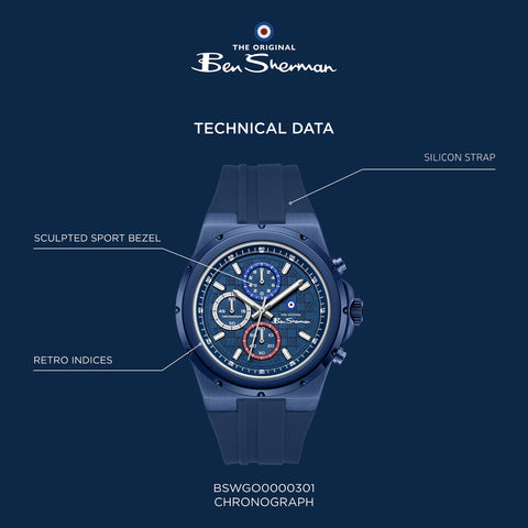 The Watch Boutique Ben Sherman Men's Blue Chronograph Watch with Blue Silicone Strap