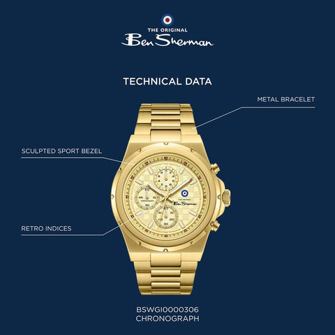 The Watch Boutique Ben Sherman Men’s Gold-Tone Chronograph Watch with Black Dial