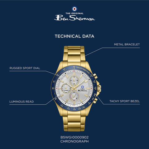 The Watch Boutique Ben Sherman Men’s Gold-Tone Chronograph Watch with Silver Dial