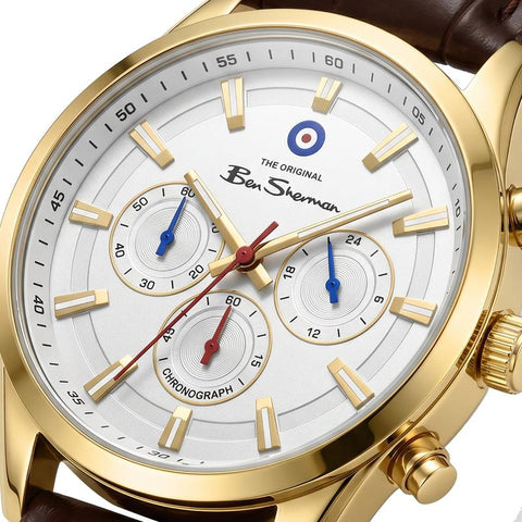 The Watch Boutique Ben Sherman Men's Gold-Tone Chronograph Watch with White Dial & Brown Leather Strap