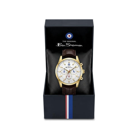 The Watch Boutique Ben Sherman Men's Gold-Tone Chronograph Watch with White Dial & Brown Leather Strap