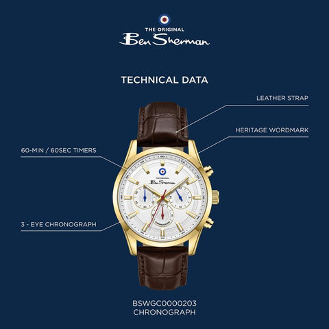 The Watch Boutique Ben Sherman Men's Gold-Tone Chronograph Watch with White Dial & Brown Leather Strap