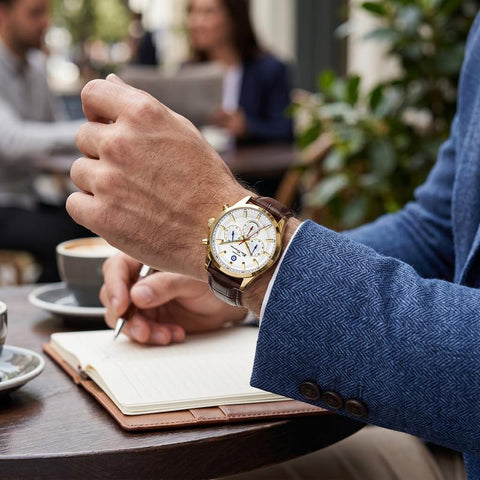 The Watch Boutique Ben Sherman Men's Gold-Tone Chronograph Watch with White Dial & Brown Leather Strap