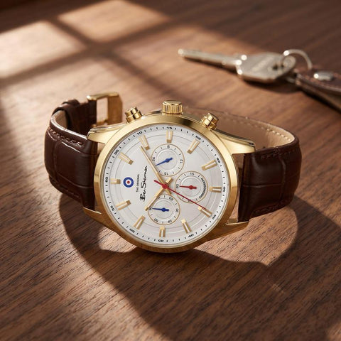 The Watch Boutique Ben Sherman Men's Gold-Tone Chronograph Watch with White Dial & Brown Leather Strap