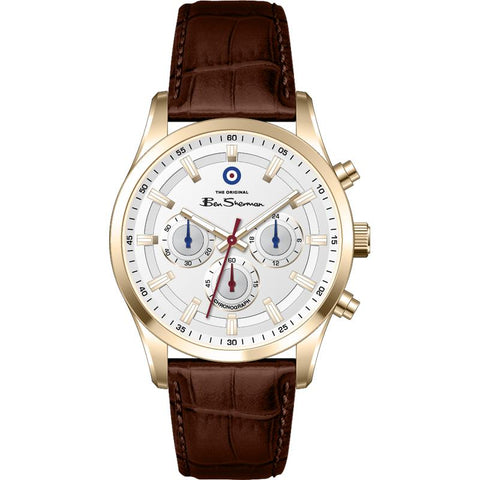 The Watch Boutique Ben Sherman Men's Gold-Tone Chronograph Watch with White Dial & Brown Leather Strap