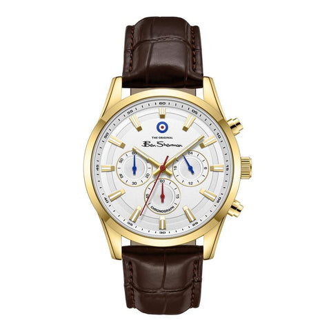 The Watch Boutique Ben Sherman Men's Gold-Tone Chronograph Watch with White Dial & Brown Leather Strap