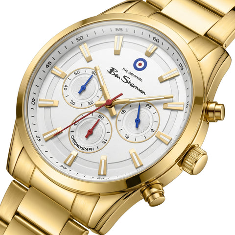 The Watch Boutique Ben Sherman Men's Gold-Tone Chronograph Watch with White Dial & Gold Stainless Steel Bracelet