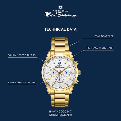 The Watch Boutique Ben Sherman Men's Gold-Tone Chronograph Watch with White Dial & Gold Stainless Steel Bracelet