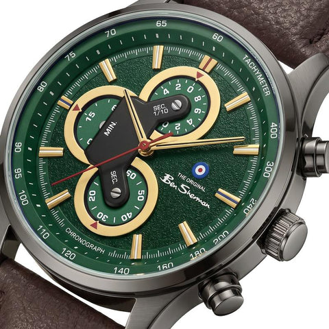 The Watch Boutique Ben Sherman Men's Green Chronograph Watch with Brown Leather Strap