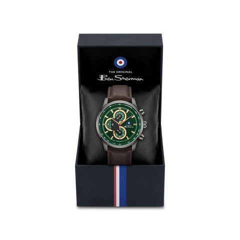 The Watch Boutique Ben Sherman Men's Green Chronograph Watch with Brown Leather Strap
