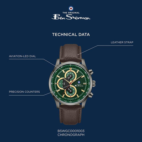 The Watch Boutique Ben Sherman Men's Green Chronograph Watch with Brown Leather Strap