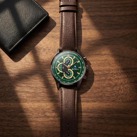 The Watch Boutique Ben Sherman Men's Green Chronograph Watch with Brown Leather Strap