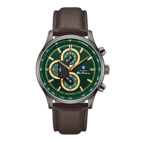 The Watch Boutique Ben Sherman Men's Green Chronograph Watch with Brown Leather Strap