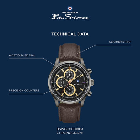 The Watch Boutique Ben Sherman Men’s Gunmetal Chronograph Watch with Black Dial and Brown Leather Strap