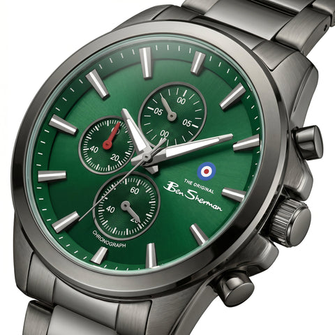 The Watch Boutique Ben Sherman Men's Gunmetal Chronograph Watch with Green Dial & Gunmetal Stainless Steel Bracelet