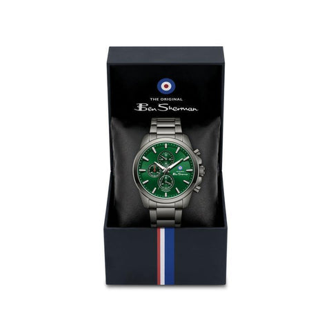 The Watch Boutique Ben Sherman Men's Gunmetal Chronograph Watch with Green Dial & Gunmetal Stainless Steel Bracelet