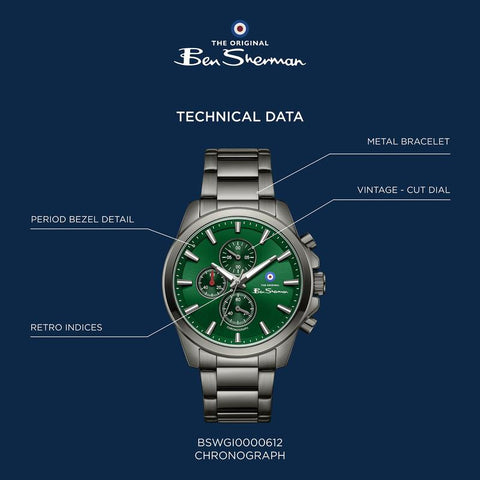 The Watch Boutique Ben Sherman Men's Gunmetal Chronograph Watch with Green Dial & Gunmetal Stainless Steel Bracelet