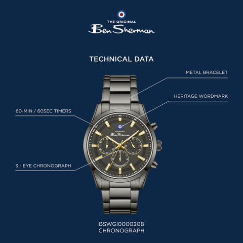 The Watch Boutique Ben Sherman Men's Gunmetal Chronograph Watch with Grey Dial & Black Stainless-Steel Bracelet