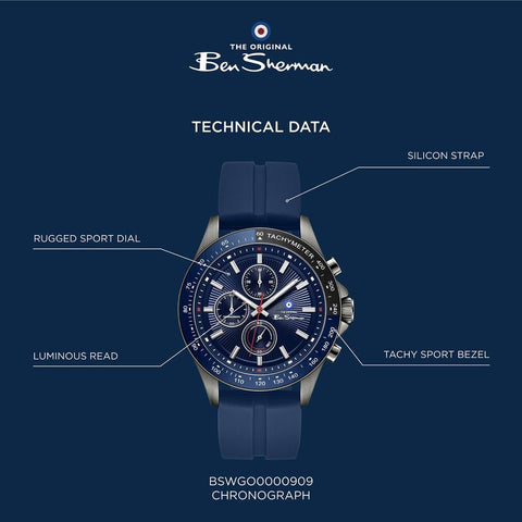 The Watch Boutique Ben Sherman Men’s Gunmetal Chronograph Watch with Navy Dial and Silicone Strap