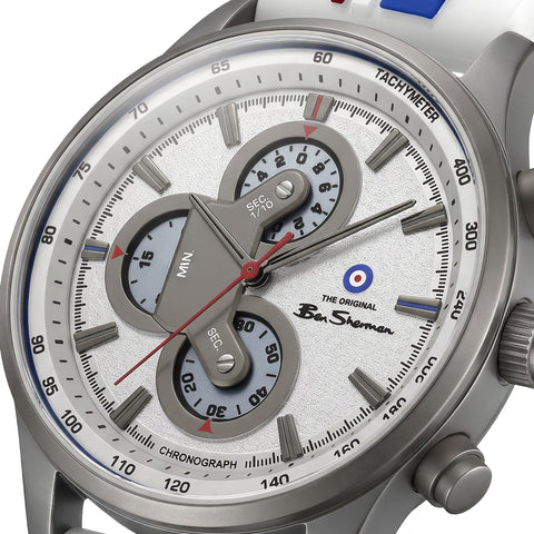 The Watch Boutique Ben Sherman Men’s Gunmetal Chronograph Watch with Silver Dial and Striped Silicone Strap