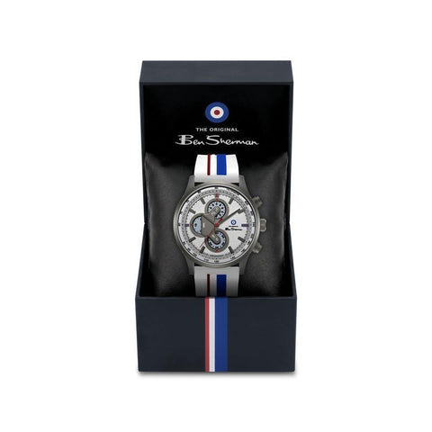 The Watch Boutique Ben Sherman Men’s Gunmetal Chronograph Watch with Silver Dial and Striped Silicone Strap