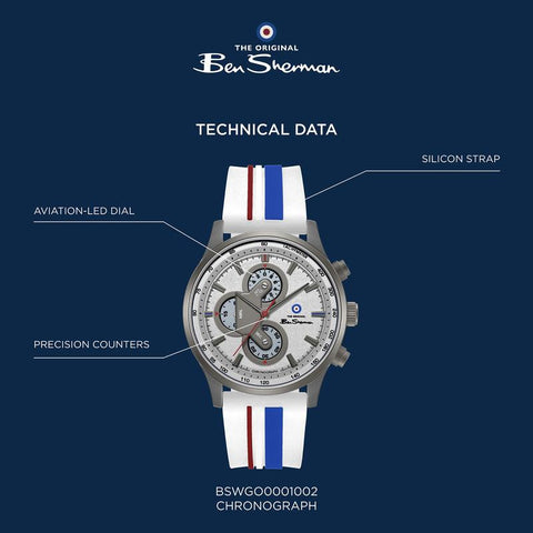 The Watch Boutique Ben Sherman Men’s Gunmetal Chronograph Watch with Silver Dial and Striped Silicone Strap