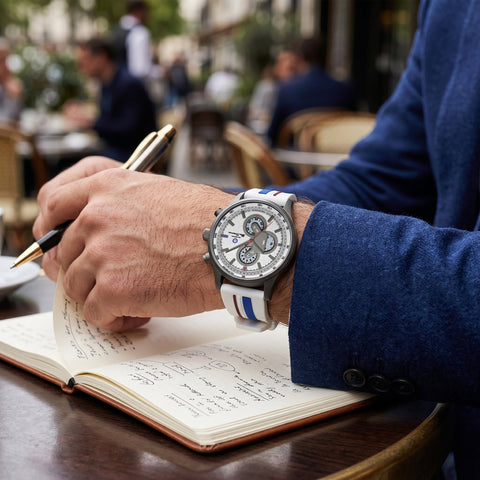 The Watch Boutique Ben Sherman Men’s Gunmetal Chronograph Watch with Silver Dial and Striped Silicone Strap