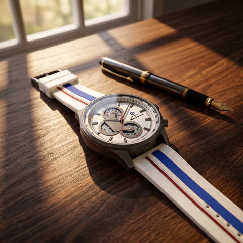 The Watch Boutique Ben Sherman Men’s Gunmetal Chronograph Watch with Silver Dial and Striped Silicone Strap