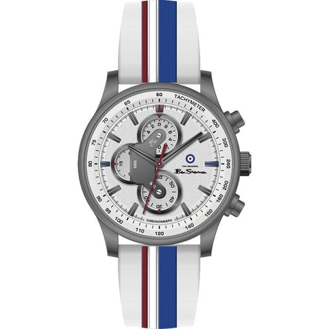 Ben Sherman Men’s Gunmetal Chronograph Watch with Silver Dial and Striped Silicone Strap