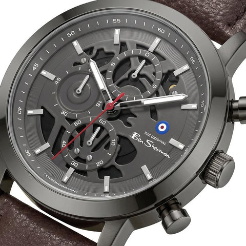 The Watch Boutique Ben Sherman Men's Gunmetal Skeleton Chronograph Watch with Brown Leather Strap
