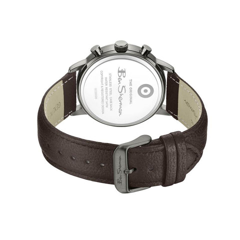 The Watch Boutique Ben Sherman Men's Gunmetal Skeleton Chronograph Watch with Brown Leather Strap