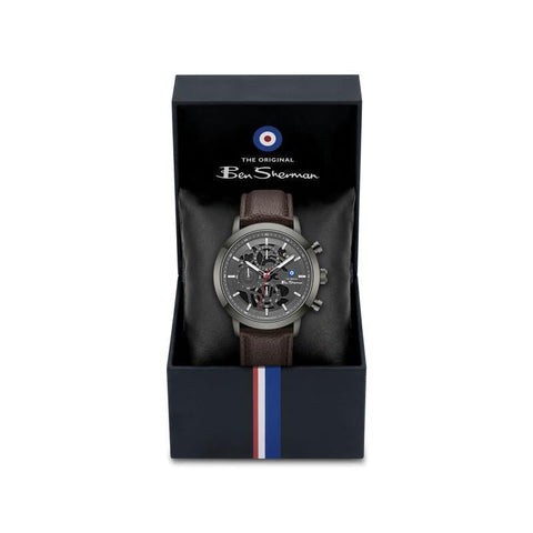 The Watch Boutique Ben Sherman Men's Gunmetal Skeleton Chronograph Watch with Brown Leather Strap