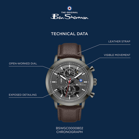 The Watch Boutique Ben Sherman Men's Gunmetal Skeleton Chronograph Watch with Brown Leather Strap