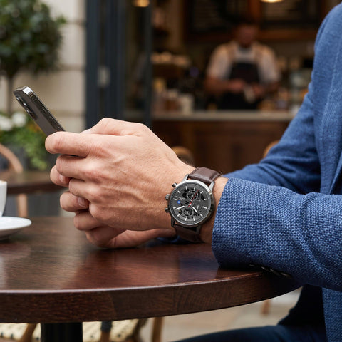 The Watch Boutique Ben Sherman Men's Gunmetal Skeleton Chronograph Watch with Brown Leather Strap