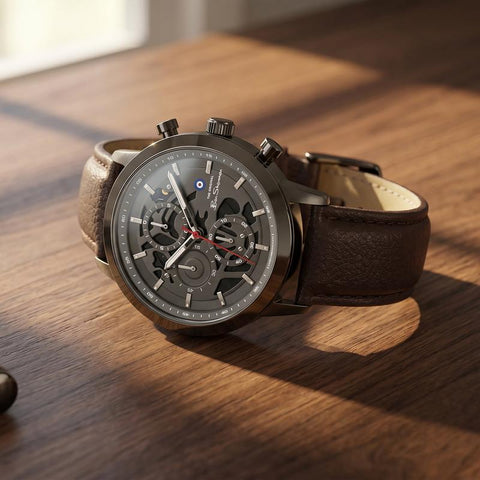 The Watch Boutique Ben Sherman Men's Gunmetal Skeleton Chronograph Watch with Brown Leather Strap