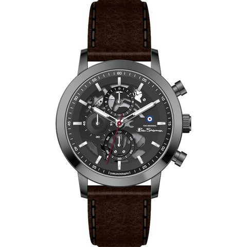 Ben Sherman Men's Gunmetal Skeleton Chronograph Watch with Brown Leather Strap