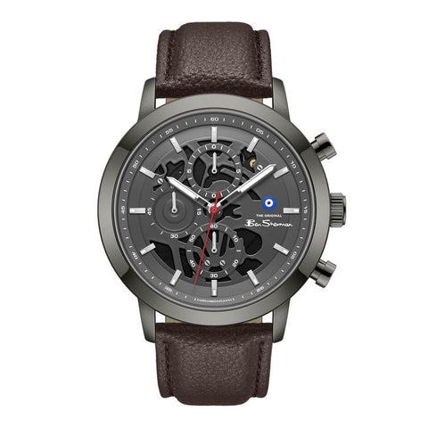 The Watch Boutique Ben Sherman Men's Gunmetal Skeleton Chronograph Watch with Brown Leather Strap