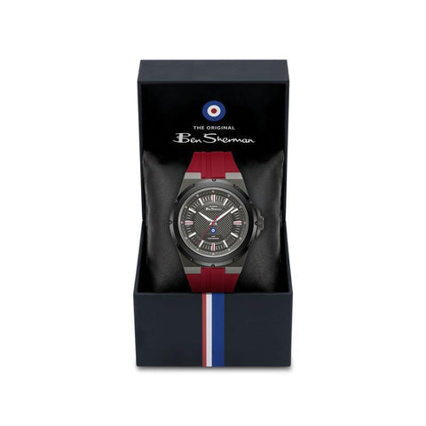 The Watch Boutique Ben Sherman Men’s Gunmetal Watch with Grey Dial and Burgundy Silicone Strap