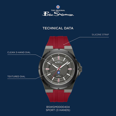 The Watch Boutique Ben Sherman Men’s Gunmetal Watch with Grey Dial and Burgundy Silicone Strap